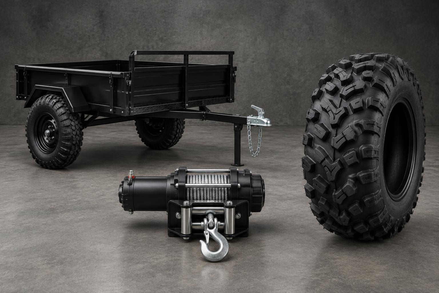Imagen ilustrativa de una carreta, un winch y una llanta off-road